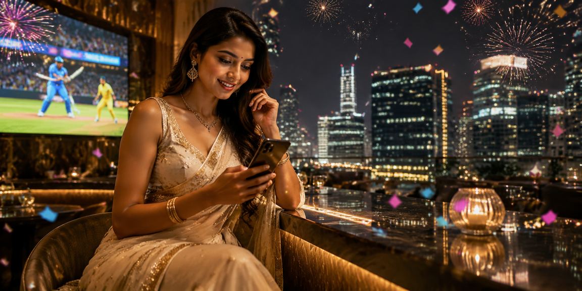 Spectator enjoying cricket betting event in colorful saree