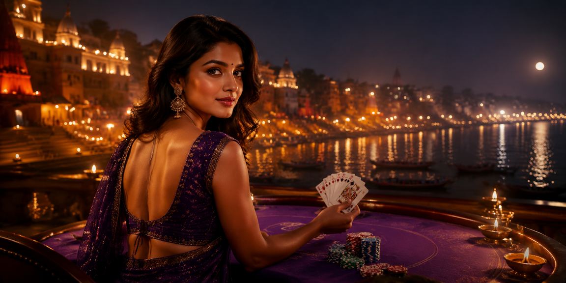 Teen Patti players gathering at Varanasi ghats during sunset